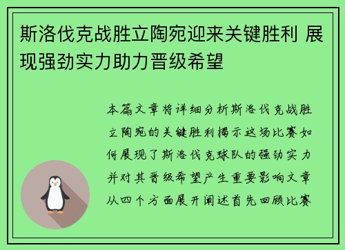 斯洛伐克战胜立陶宛迎来关键胜利 展现强劲实力助力晋级希望