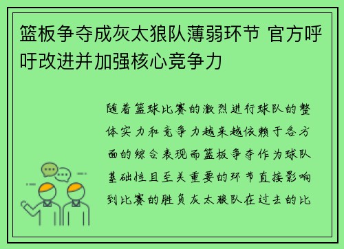 篮板争夺成灰太狼队薄弱环节 官方呼吁改进并加强核心竞争力