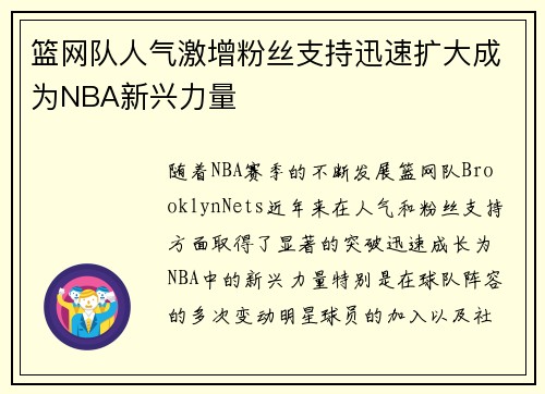 篮网队人气激增粉丝支持迅速扩大成为NBA新兴力量