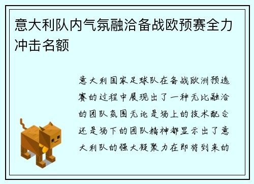 意大利队内气氛融洽备战欧预赛全力冲击名额
